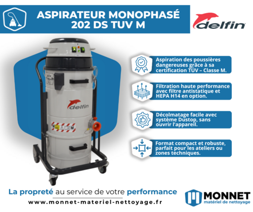 Aspirateur industriel Delfin 202 DS TUV M : performance, s&eacute;curit&eacute; et filtration pour vos poussi&egrave;res fines